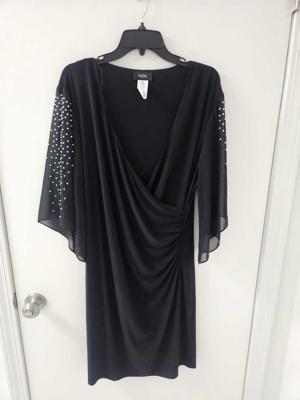 MSK Black Midi Dress with Draped Front and Beaded Sheer Sleeves
